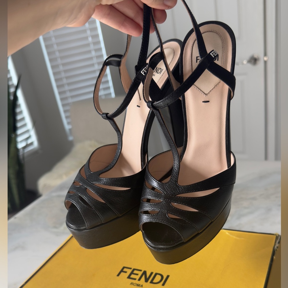 Fendi Black Leather Platform T-Strap Heels
